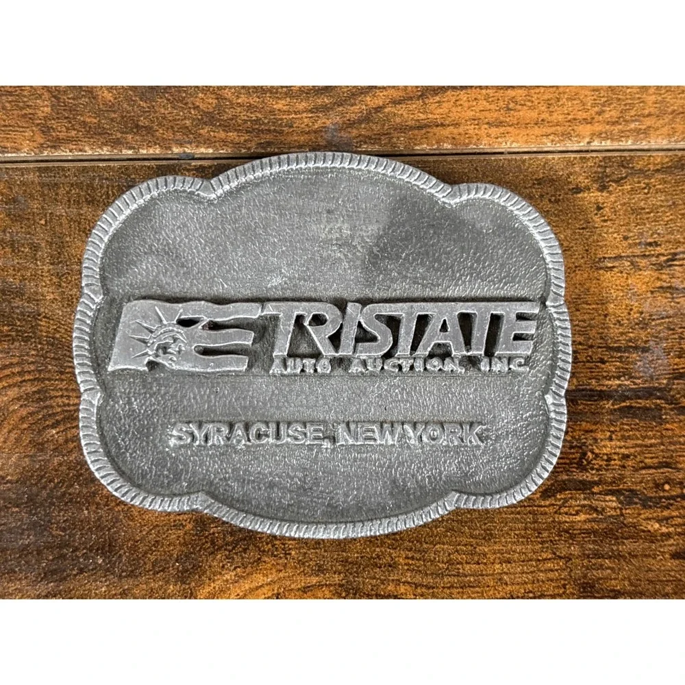 Vintage Tristate Auto Auction Syracuse NY Belt Buckle Silver Pewter Tone Metal